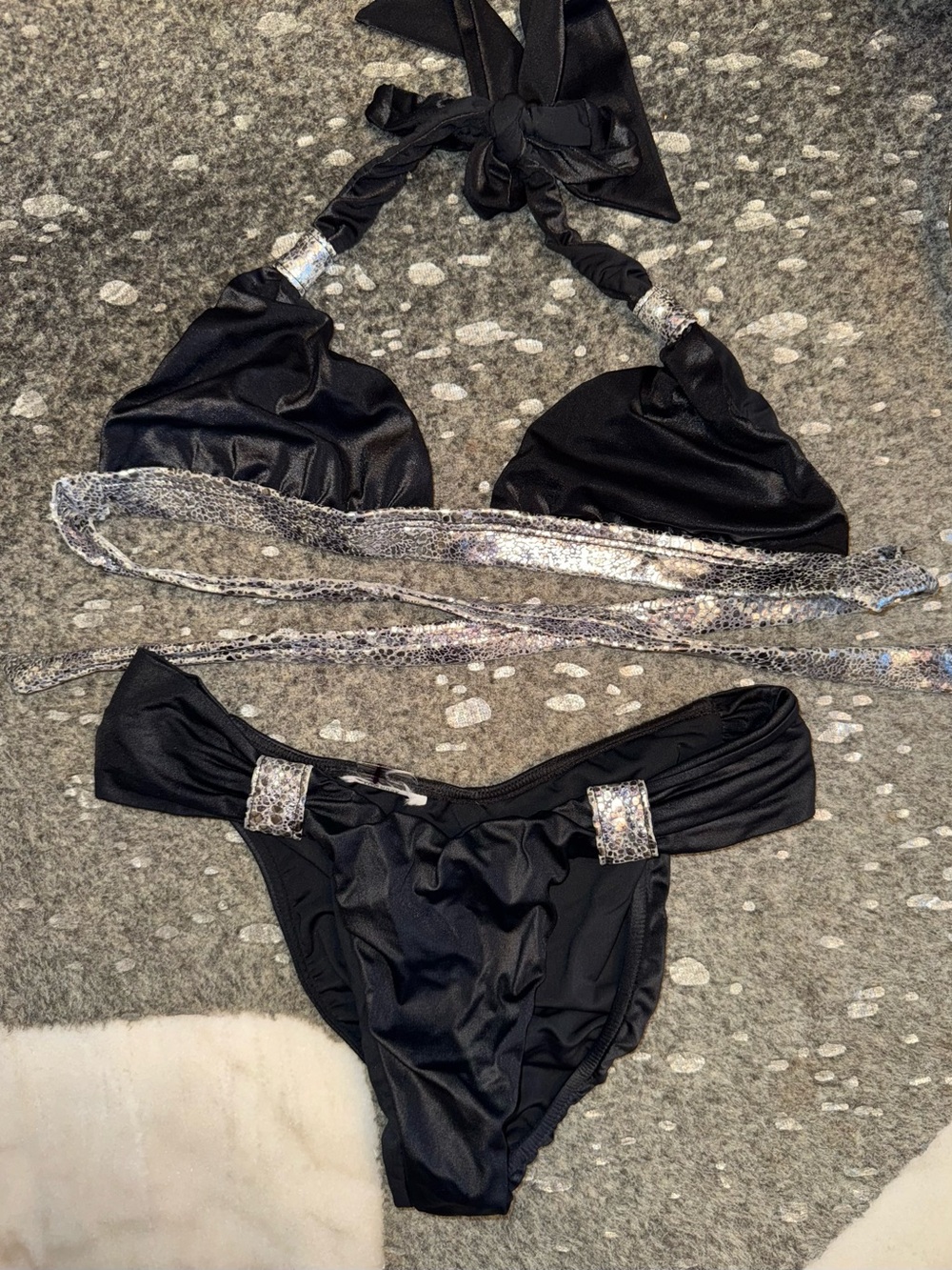 Beach Bunny Black Bikini with Metallic Snake-Print Trim